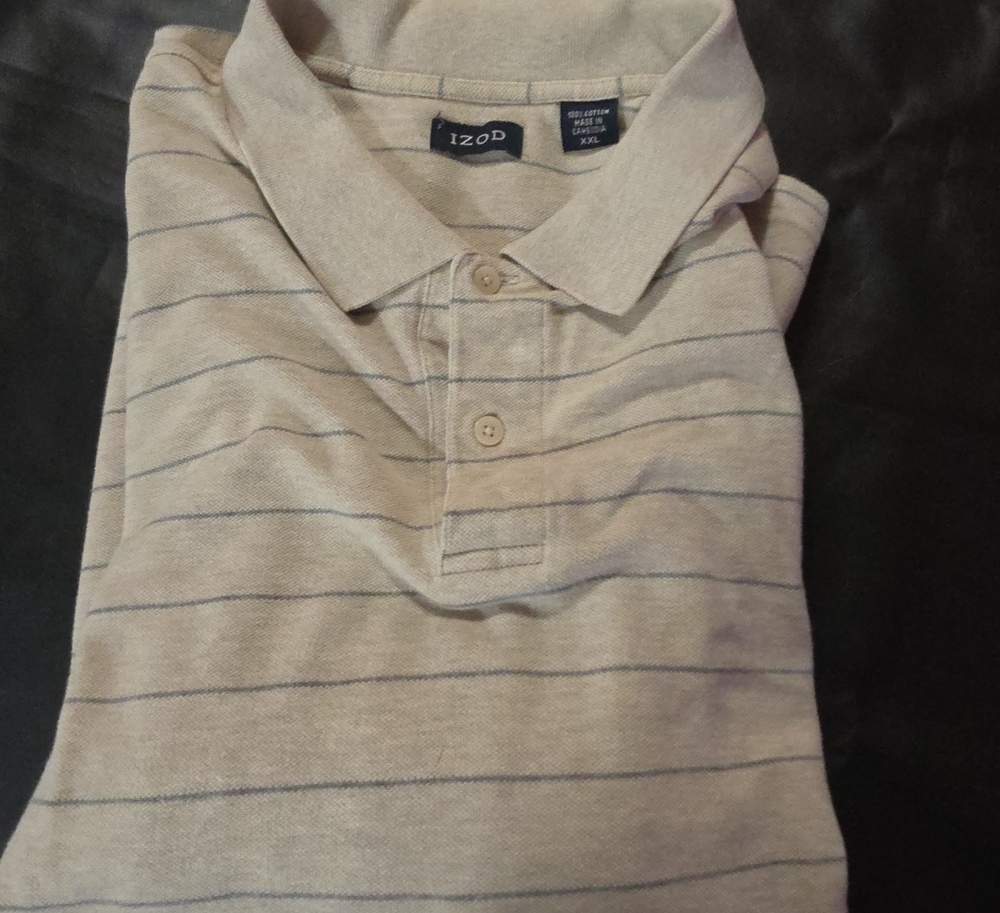 Izod Beige Polo with Thin Navy Stripes